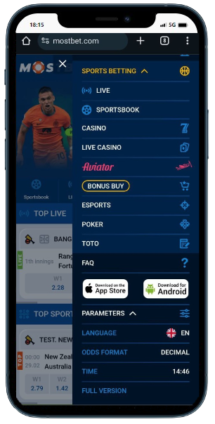 A smartphone displaying Mostbet casino burger menu
