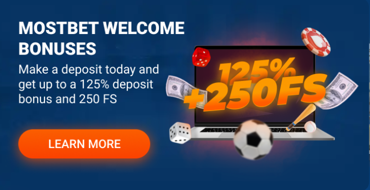 Promo banner of the Mostbet with laptop, cubes, casino chips, and a text 'Welcome bonuses'