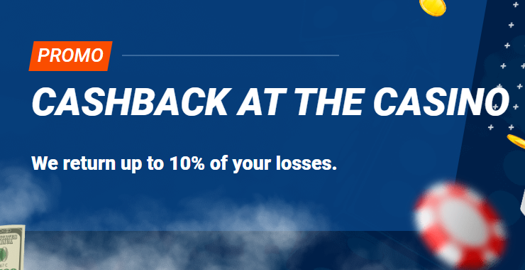 Promo banner of the Mostbet with casino chips, and a text 'Cashback up to 10%'