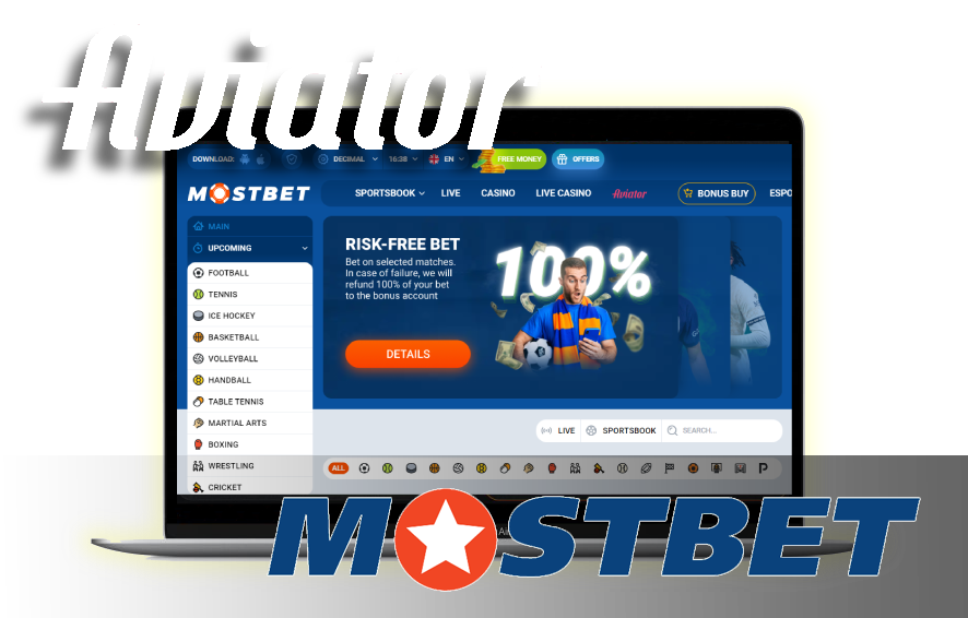 A laptop displaying casino home page with logos of the Aviator game and Mostbet