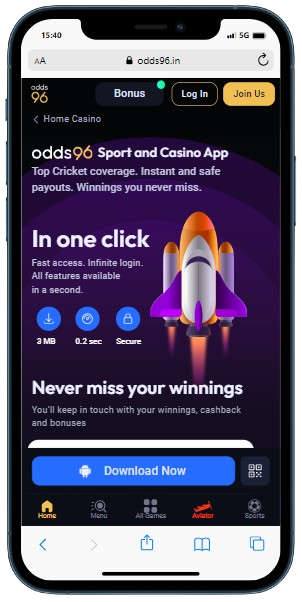 A smartphone displaying Odds96 site to download casino app on Android