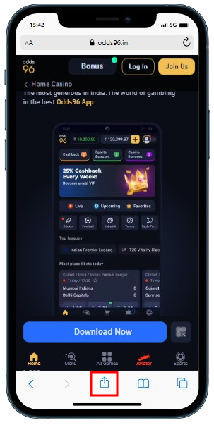 A smartphone displaying Odds96 casino with Mobile app webpage and highlighted button 'Share' on IOS