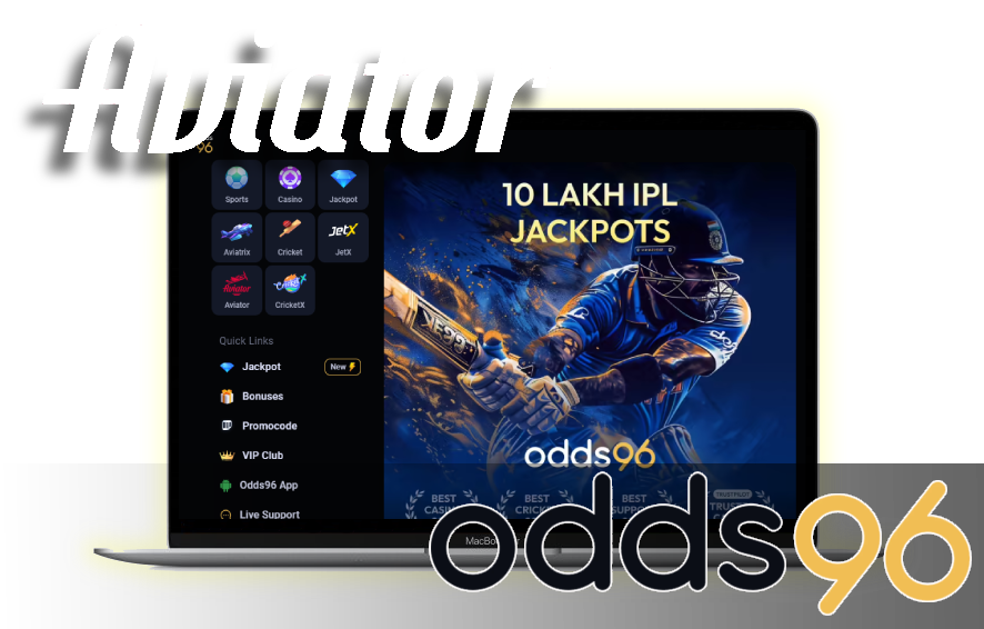A laptop displaying casino home page with logos of the Aviator game and Odds96