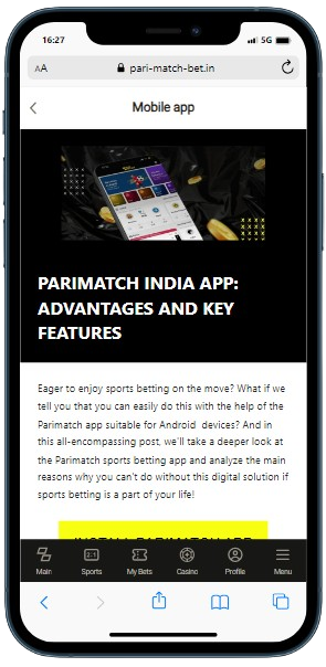 A smartphone displaying Parimatch casino site with Mobile app page