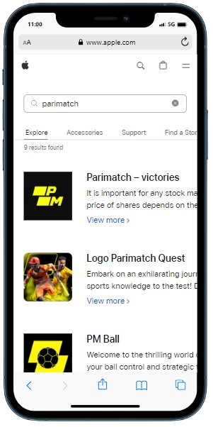 A smartphone displaying Apple Store webpage to download Parimatch app on IOS