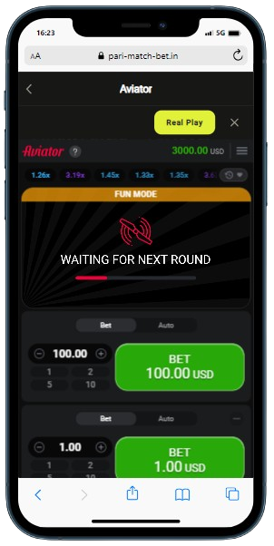 A smartphone displaying Parimatch casino site with Aviator game interface