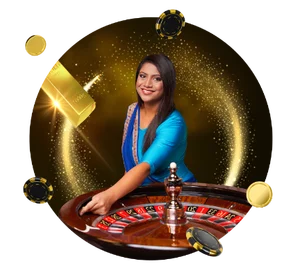 A woman beside the roulette with casino chips