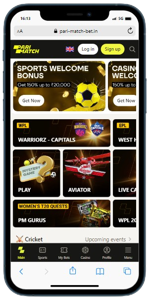 A smartphone displaying Parimatch casino home page