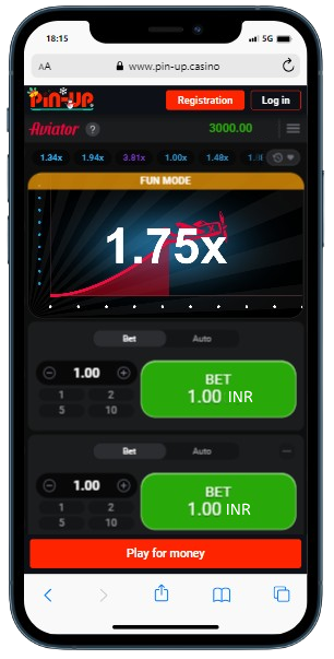A smartphone displaying Aviator Fun mode with increasing multiplier and betting options