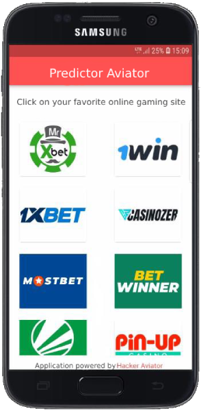 A smartphone displaying Aviator Predictor app with logos of casinos